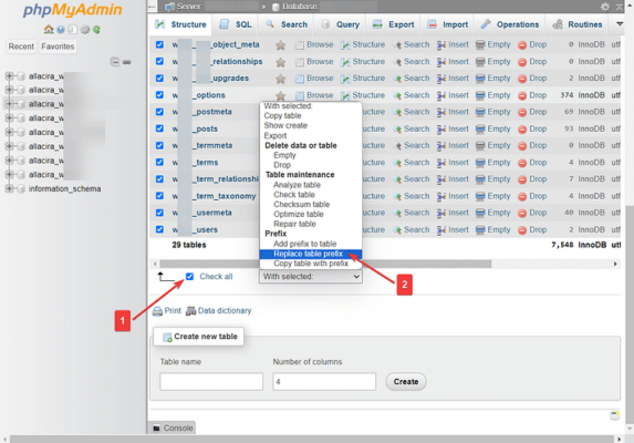 substituir a tabela de banco de dados no phpmyadmin